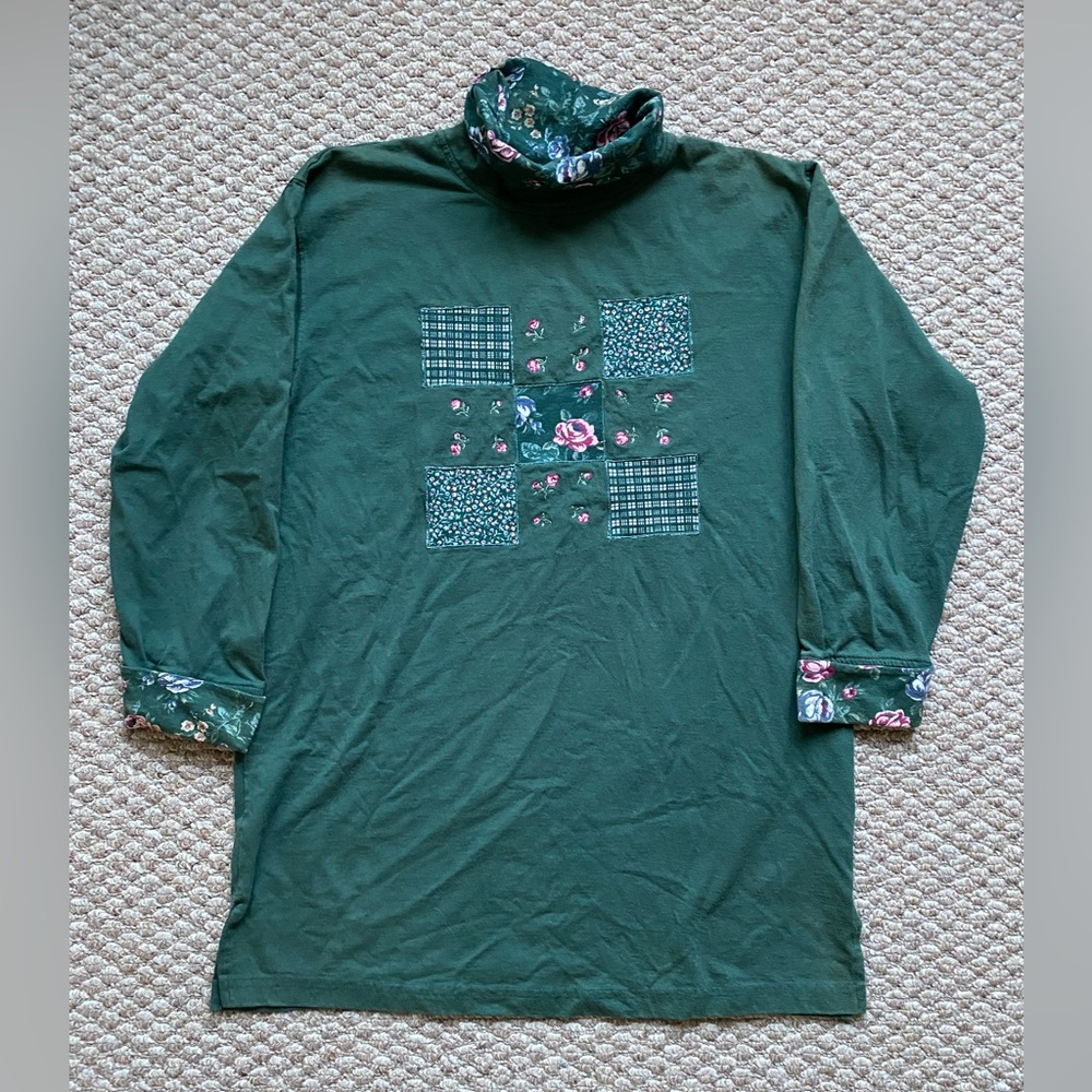 Capacity Knits Vintage Green Floral Patchwork Turtle Neck Longsleeve Size Medium